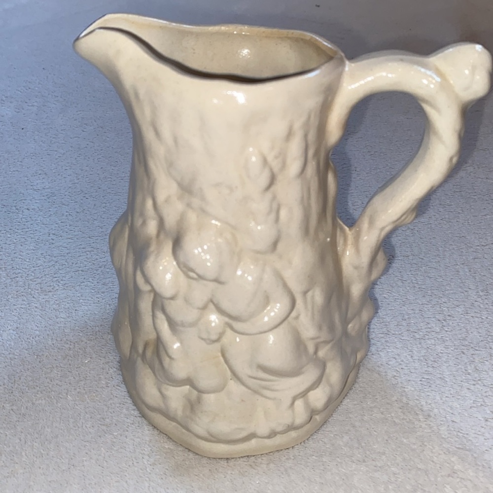 English cream antique vintage molded pitcher 7” EUC